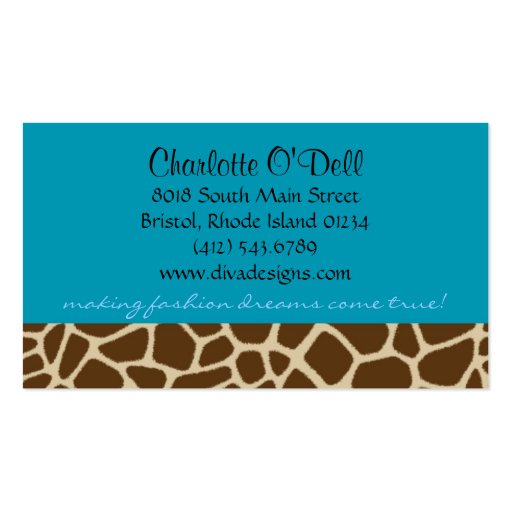giraffe print blue business cards (front side)