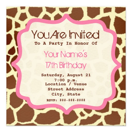 Giraffe Print & Pink Birthday Party Invitation