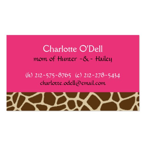 giraffe print pink mommy card business card (front side)