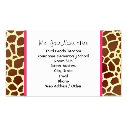 Giraffe Print Pink Schoolhouse Teacher Business Cards (back side)
