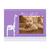 Giraffe Purple Its a girl announcement postcards by MarbiaStudiosBaby Giraffe Purple Its a girl announcement postcards