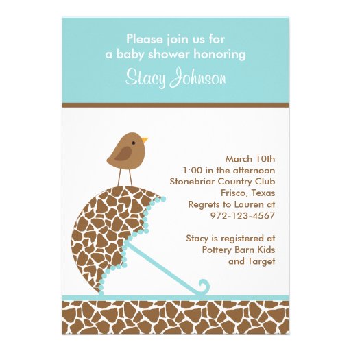 Giraffe Umbrella Baby Shower Invites (Teal)