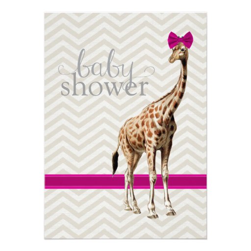 Giraffe with Fuschia Bow Chevron Shower Invitation