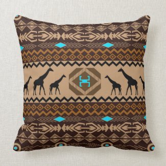 Giraffes & Tribal Pattern Brown Blue Accents Pillow