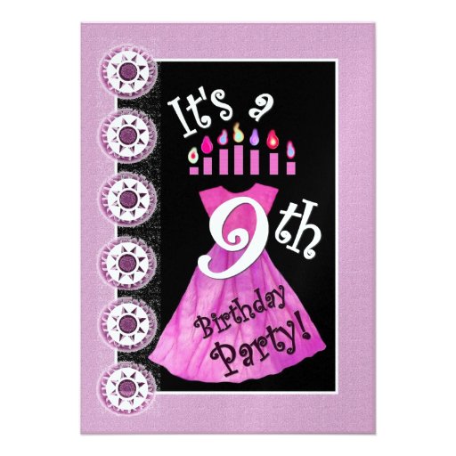 Girl 9th Birthday Party Invitation PINK Candles 5" X 7" Invitation Card
