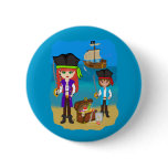 Girl and Boy Pirates with Ship on Beach Button