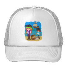 Girl and Boy Pirates with Ship on Beach Hat