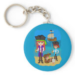 Girl and Boy Pirates with Ship on Beach Keychain