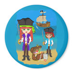 Girl and Boy Pirates with Ship on Beach Magnet
