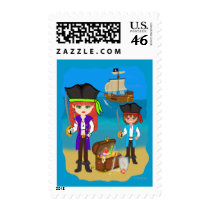 Girl and Boy Pirates with Ship on Beach Postage