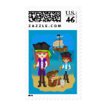 Girl and Boy Pirates with Ship on Beach Postage postage