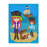 Girl and Boy Pirates with Ship on Beach Postcard