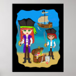 Girl and Boy Pirates with Ship on Beach Poster