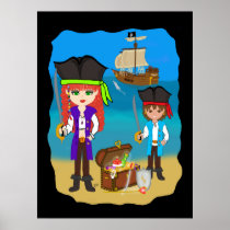 Girl and Boy Pirates with Ship on Beach Poster