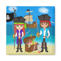 Girl and Boy Pirates with Treasure Magnet 