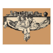 Girl and Boy Reading Postcard