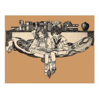 Girl and Boy Reading Postcard