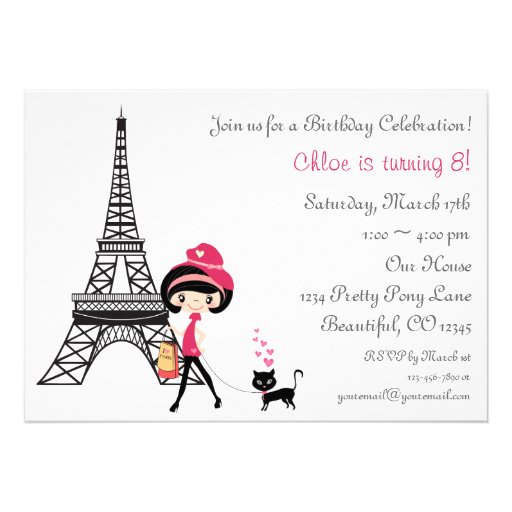 Girl and Cat Paris Birthday Invitation