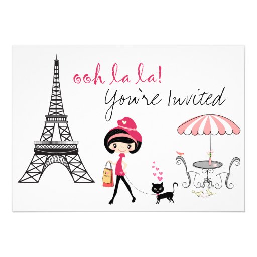 Girl and Cat Paris Birthday Invitation (front side)