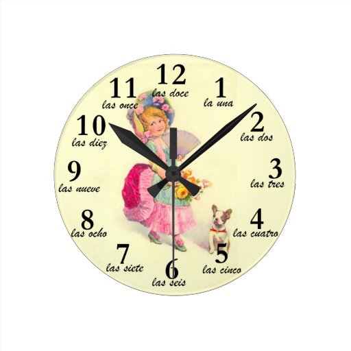 Girl and Dog Vintage Motif & Spanish Numbers Clock Zazzle
