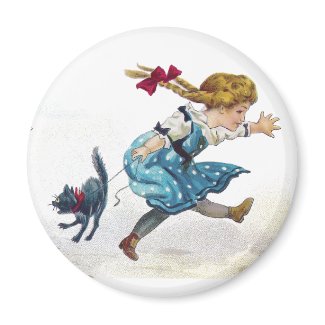 Girl and Scared Cat Run From Jack O'Lantern magnet