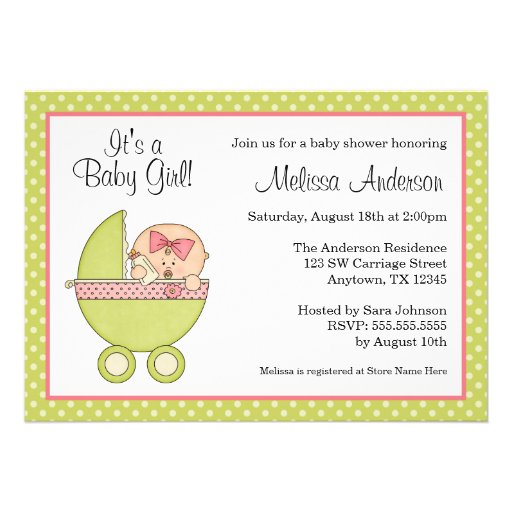 Girl Baby Carriage Lime Green and Pink Baby Shower Custom Announcement