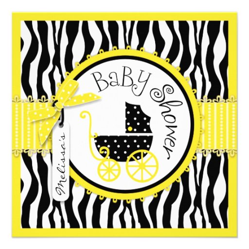 GIRL Baby Carriage, Zebra Print Yellow Baby Shower Invite