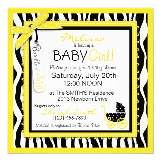 GIRL Baby Carriage, Zebra Print Yellow Baby Shower Invite