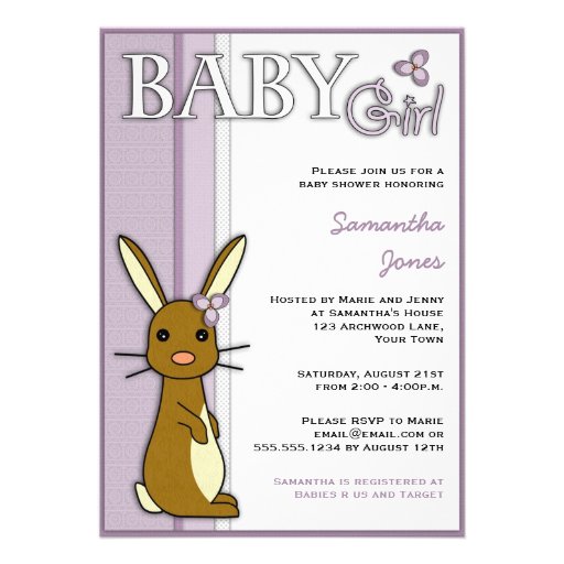 Girl Baby Shower Cute Bunny Flower - Purple Custom Invitation