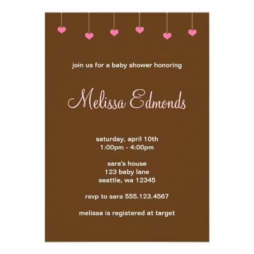 Girl Baby Shower Hanging Pink Hearts Personalized Invitations