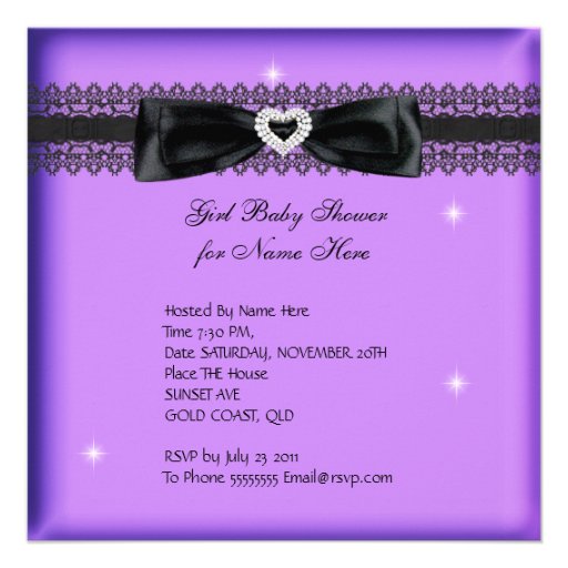 Girl Baby Shower Party Purple Black Lace Personalized Announcement