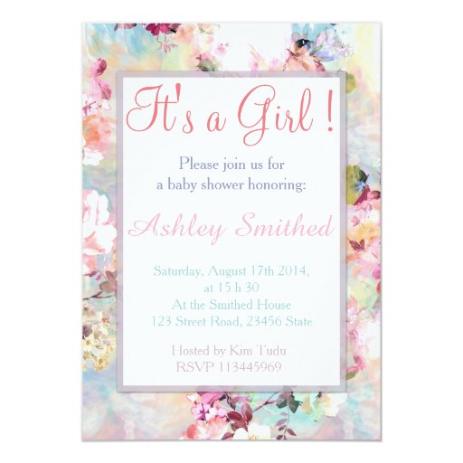 Girl Baby Shower Pink Teal Watercolor Chic Floral Invitations (front side)