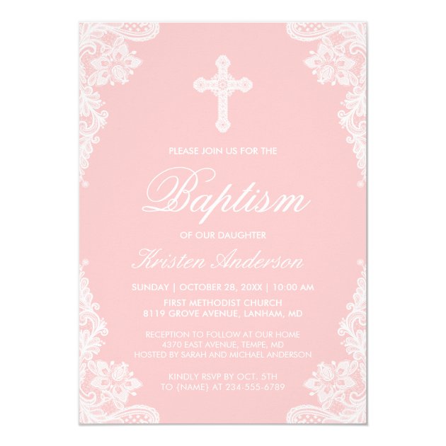 Girl Baptism Elegant Blush Pink White Lace Photo Card (front side)