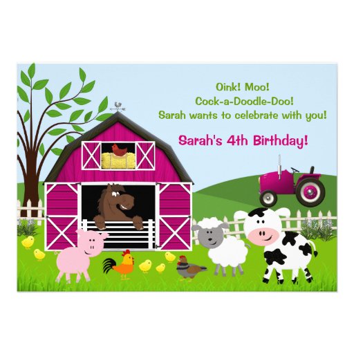Girl Barnyard Farm Animals Birthday Invitations Custom Invites (front side)
