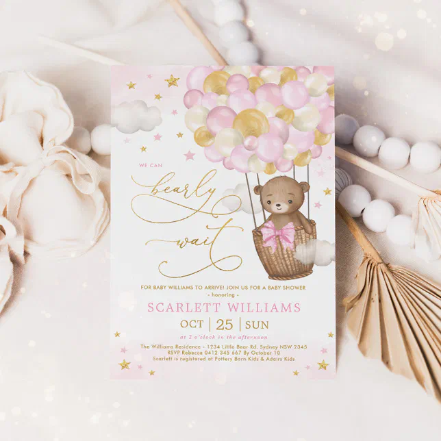 Girl Bear Hot Air Balloon Pink Gold Baby Shower Invitation Zazzle