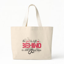 Girl behind tote bag