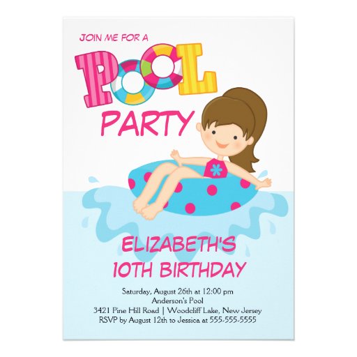 Girl Birthday Summer Pool Party Invitation