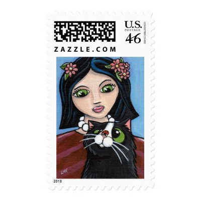 Girl, Black Cat and Ladybug (large) Postage
