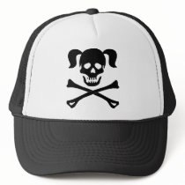 Girl Black Skull With Pig Tails Trucker Hat