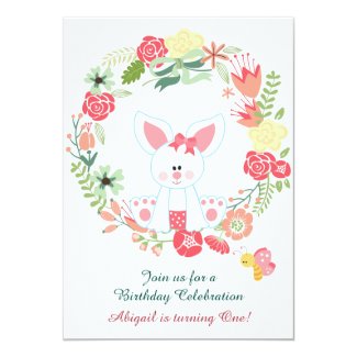 Girl Bunny and Wreath 1st Birthday Invitation 5" X 7" Invitation Card