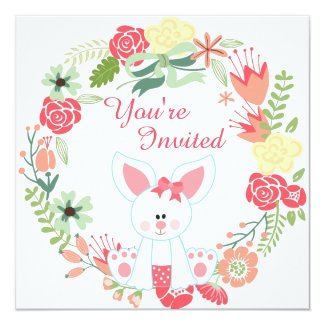 Girl Bunny and Wreath 1st Birthday Invitation