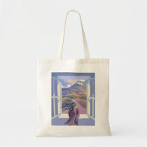 Girl by window bags