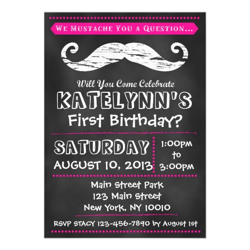 Girl Chalkboard Mustache Birthday Invitation