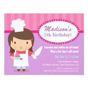 Girl Chef Cupcake Frosting Baking Birthday Party Announcements