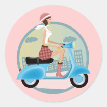 retro, background, fashion, commuter, commuting, conservation, day, economical, excited, fashionable, fun, street, hair, happy, illustration, joyful, laughing, moped, motion, motor, motorcycle, outdoor, recreation, riding, scooter, side, slim, smiling, stylish, sunglasses, transportation, view, watercolor, woman, young, cute, female, model, Klistermærke med brugerdefineret grafisk design