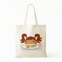 Girl deciding if she should eat her vegetables bags