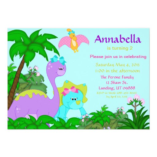 Girl Dinosaur Birthday Invitation (front side)