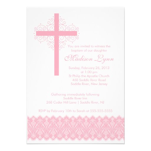 Girl Elegant Lace  Baptism | Christening Cross Personalized Invites (front side)