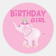 Girl Elephant Birthday Party Round Sticker