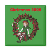 Girl Elf On Wreath Christmas Holiday Magnet